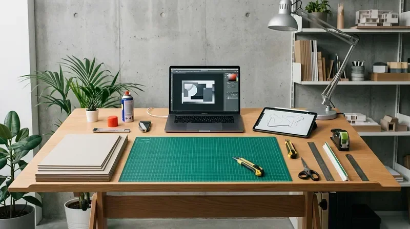 שולחן עבודה מינימליסטי עם כלי עבודה ופריטי עיצוב בית בעבודת יד